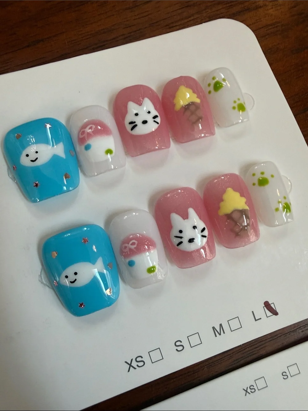 Nail Art Press-On bundle cat and cherries - Pink & Blue Cute Designs - short